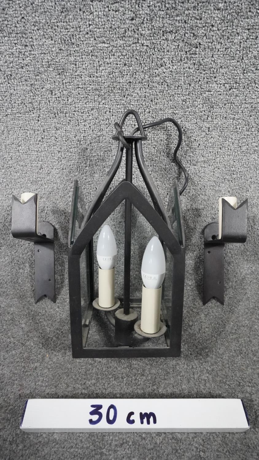 An aged wrought iron Gothic style lantern ceiling light. Along with two wall mounted Gothic style - Image 6 of 6