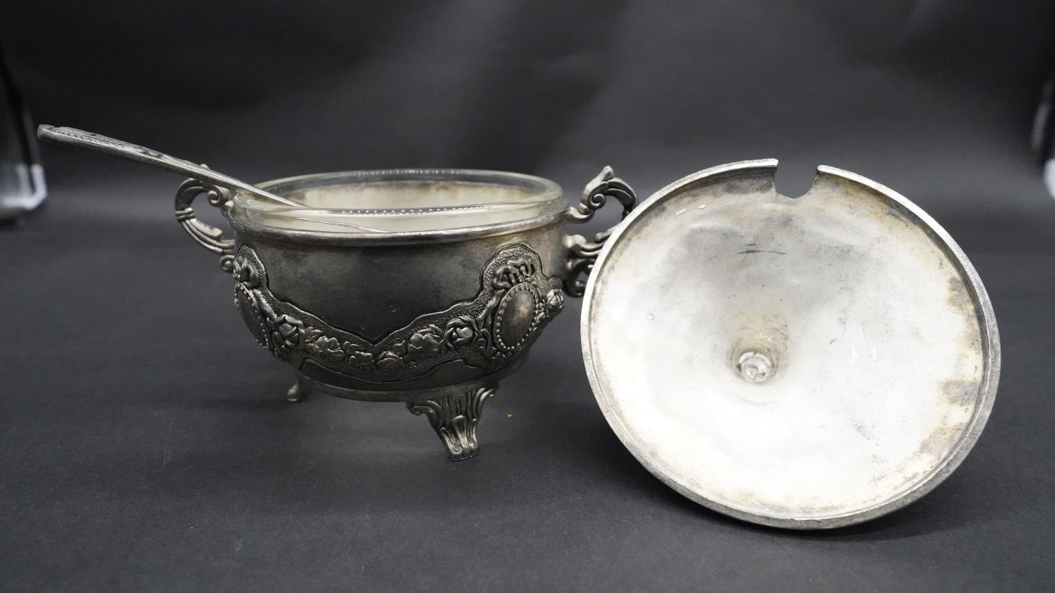 A silver plate relief swag and floral design three piece Islamic coffee set, with coffee jug, - Image 7 of 11