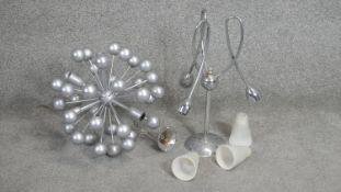 Two sculptural chrome ceiling lights. A 1980's sputnik chandelier light with eight lights and