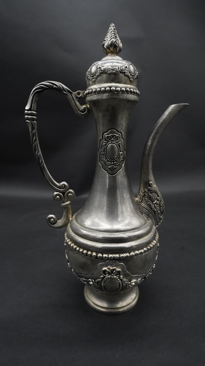 A silver plate relief swag and floral design three piece Islamic coffee set, with coffee jug, - Image 2 of 11