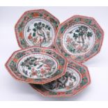 Four Chinese Kangxi period transitional Wucai octagonal plates. Decorated with birds and flowers,