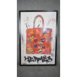 A large framed and glazed contemporary print of a graffitied Hermes bag with artists tag. H.125 W.85