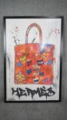 A large framed and glazed contemporary print of a graffitied Hermes bag with artists tag. H.125 W.85
