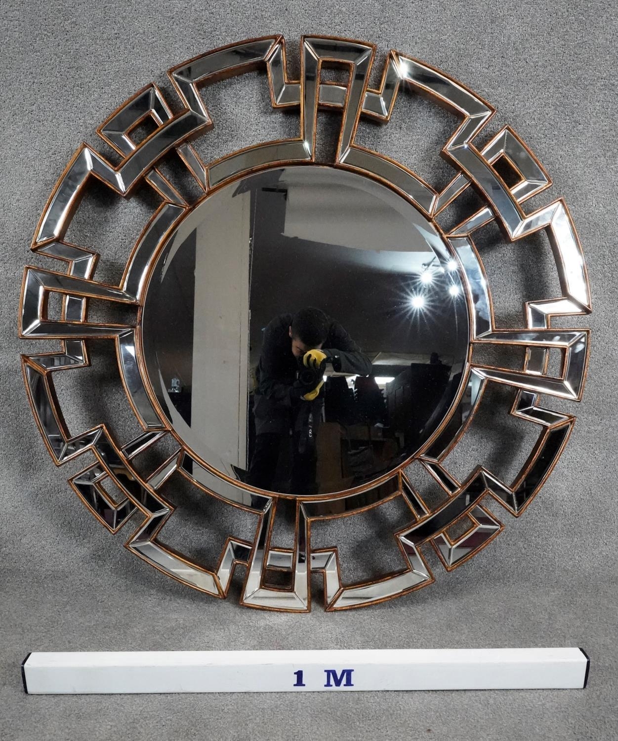 A contemporary circular bevelled glass wall mirror in gilt and glazed geometric styled frame. H. - Image 4 of 4