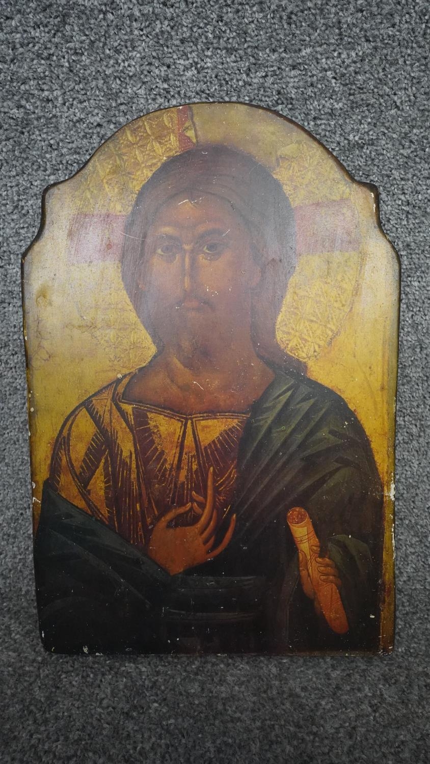 A copy of a early religious icon printed on wood with inscription to the back. H.39 W.26 - Image 2 of 5