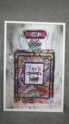 A large framed and glazed contemporary print of a Chanel No. 5 perfume bottle, with artist's tag.