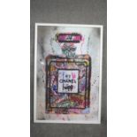 A large framed and glazed contemporary print of a Chanel No. 5 perfume bottle, with artist's tag.