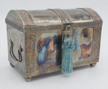 An Oriental silver plated two handled jewellery box in the form of a strapped chest, with bamboo
