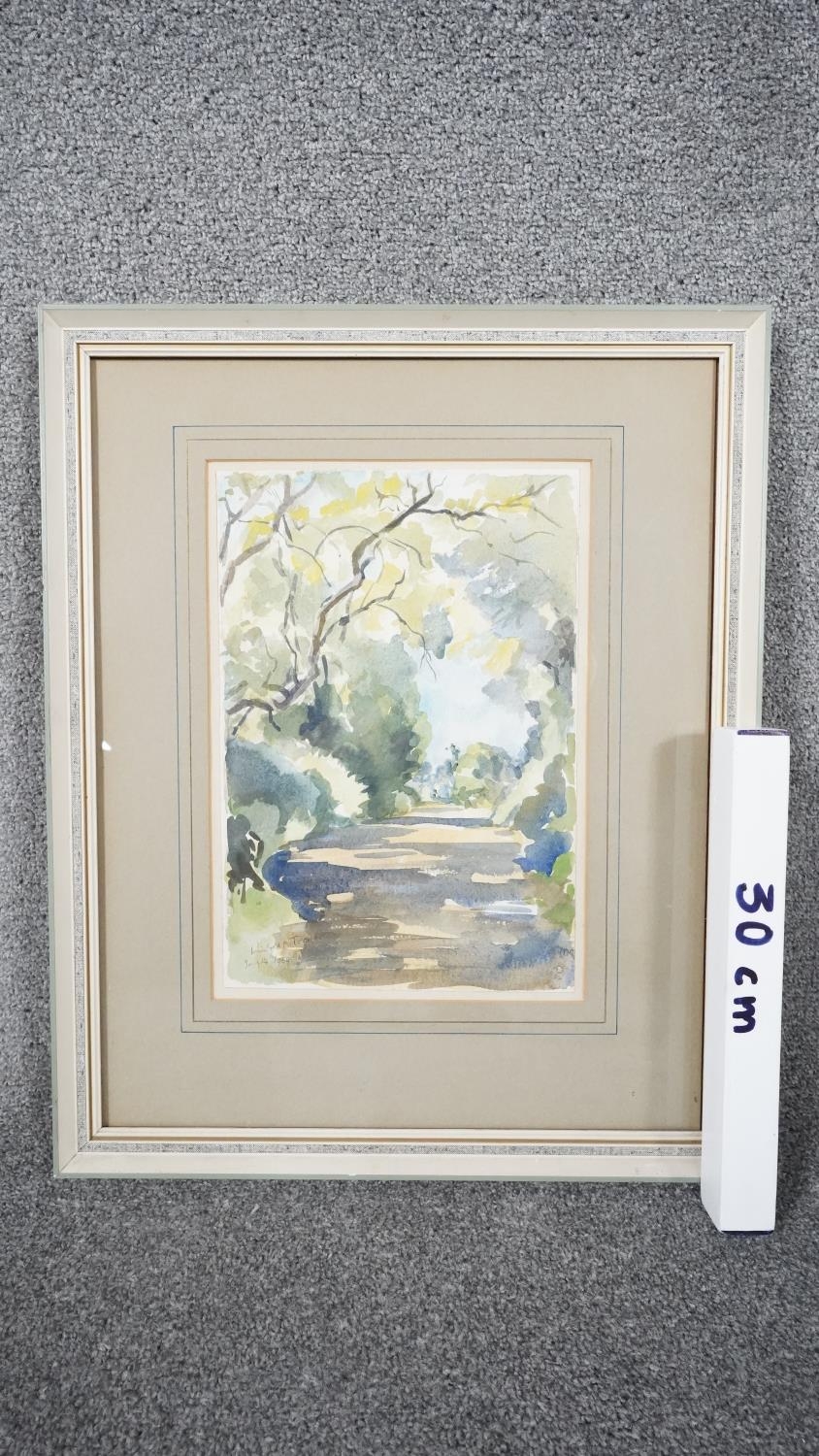 A framed and glazed watercolour of a Kent countryside lane. Signed by Winifred A. Forster. Label - Image 4 of 5