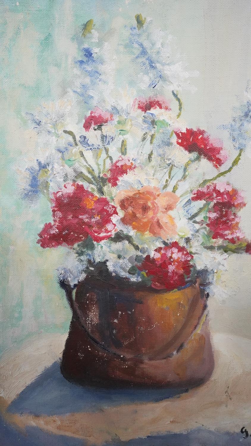 An oil on board of a copper pan filled with flowers, indistinctly signed, dated 1983 and an oil - Image 3 of 10