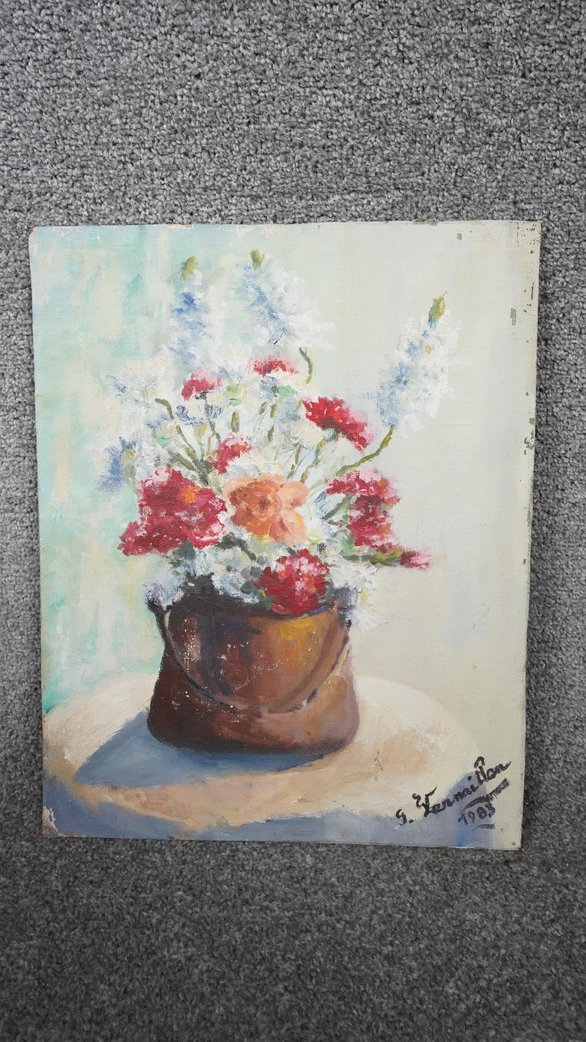 An oil on board of a copper pan filled with flowers, indistinctly signed, dated 1983 and an oil - Image 2 of 10
