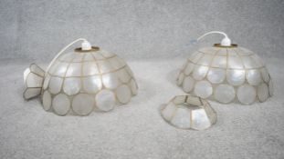 A pair of shell panel and brass domed ceiling lamps. H.20 W.35 D.35