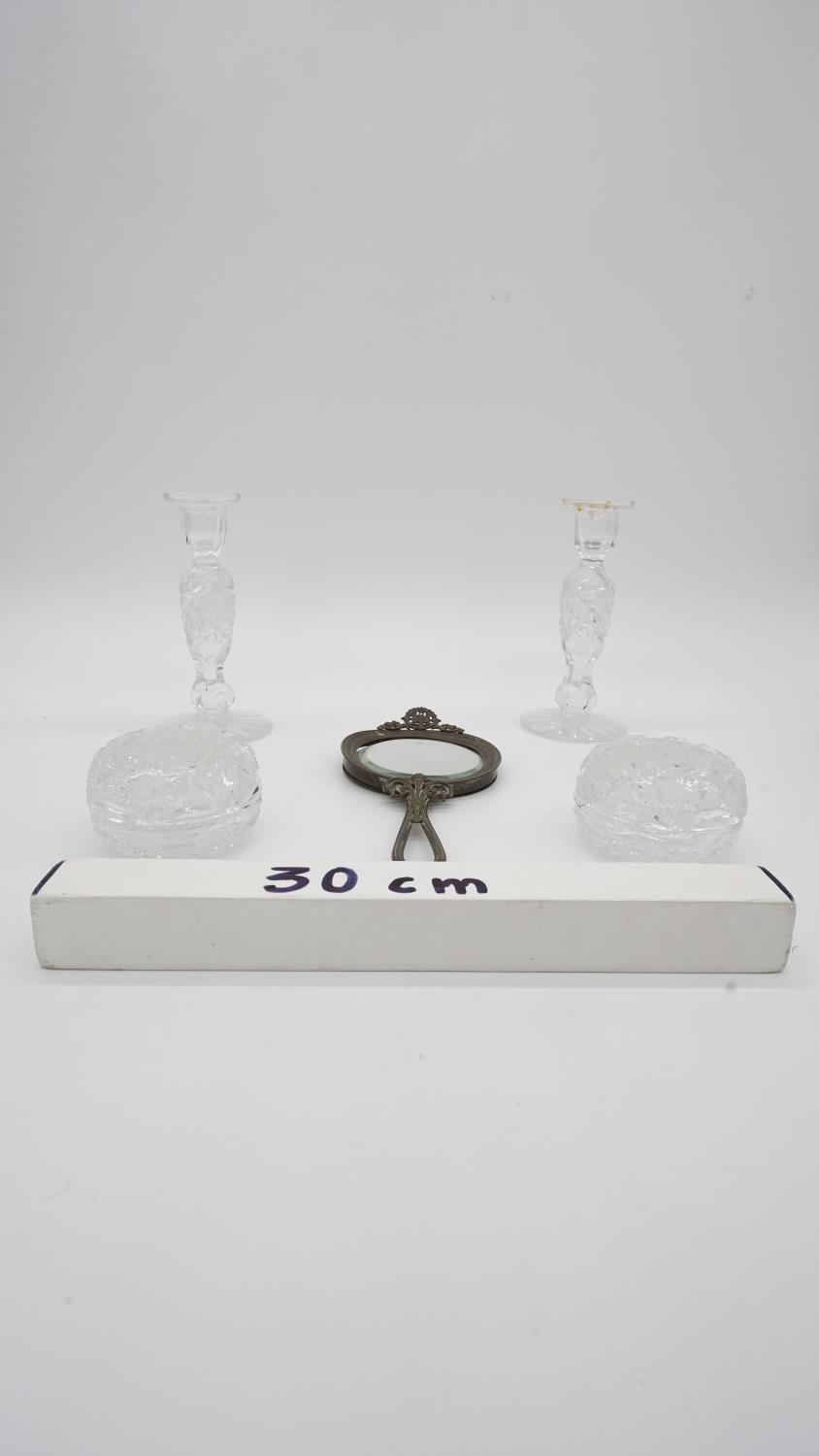 A collection of dressing table items. Including a pair of cut crystal candlesticks, two cut - Image 17 of 17