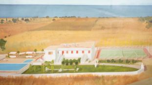 A framed mid century oil on canvas of a landscape with housing and a tennis court. Unsigned. H.62