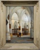 After Emanuel de Witte - An 18th century framed oil on board, Gothic church interior with figures in