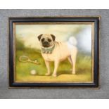 ALEXANDRA CHURCHILL - A framed oil on board of a Pug with a tennis racket and ball. Signed A.