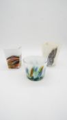 Three Art Glass vases with coloured marbling to the clear glass with opaque white glass core. H.16