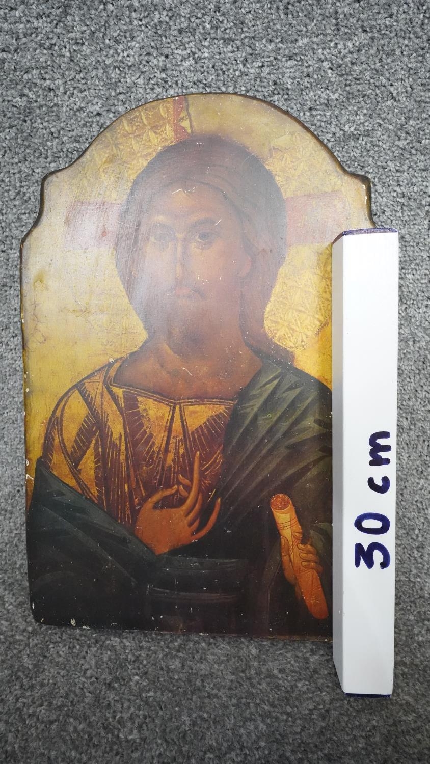 A copy of a early religious icon printed on wood with inscription to the back. H.39 W.26 - Image 5 of 5