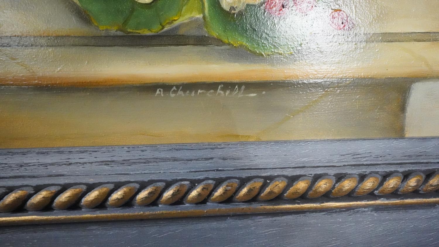 ALEXANDRA CHURCHILL - A framed oil on board still life of a basket of currants. Signed A. Churchill. - Image 4 of 5