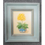 ALEXANDRA CHURCHILL - A framed oil on board still life of an Auricula in a blue and white ceramic