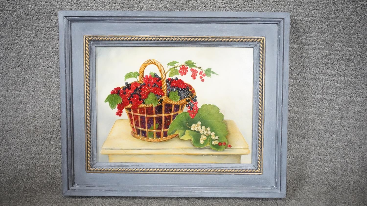 ALEXANDRA CHURCHILL - A framed oil on board still life of a basket of currants. Signed A. Churchill.