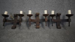 Three Impex refectory aged wrought iron two branch Gothic wall lights. H.27 W.34 D.16