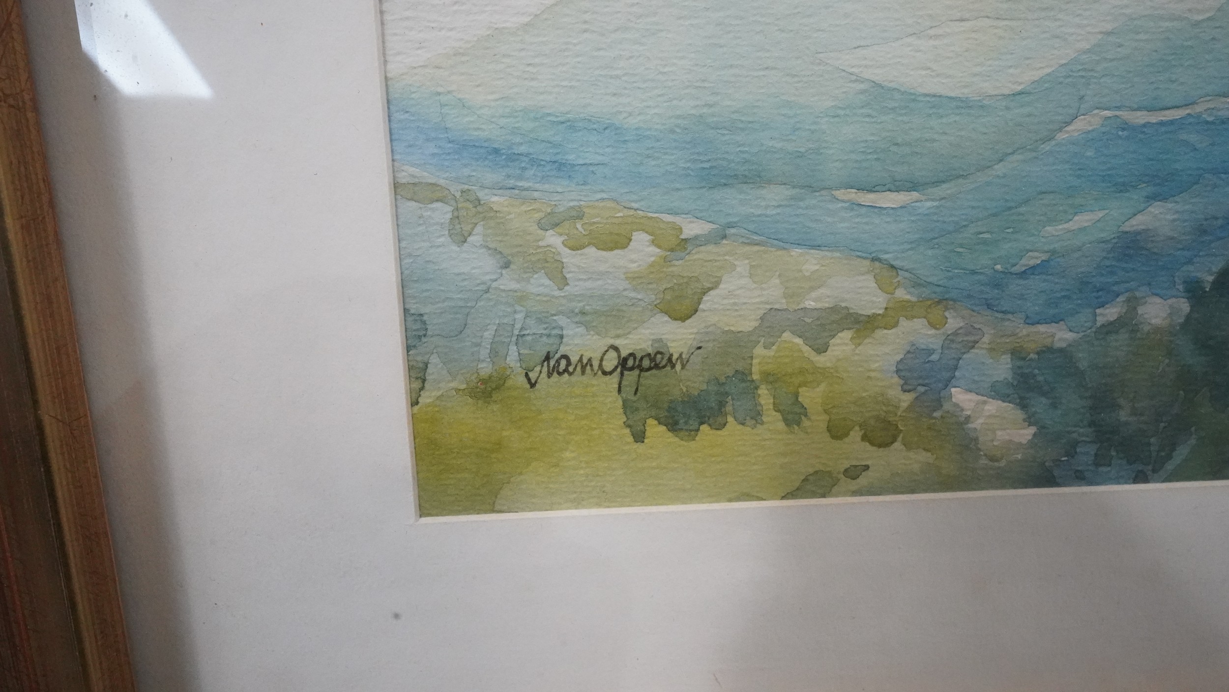 A framed and glazed watercolour, landscape with citadel in the distance, signed Van Oppen and a - Image 5 of 10