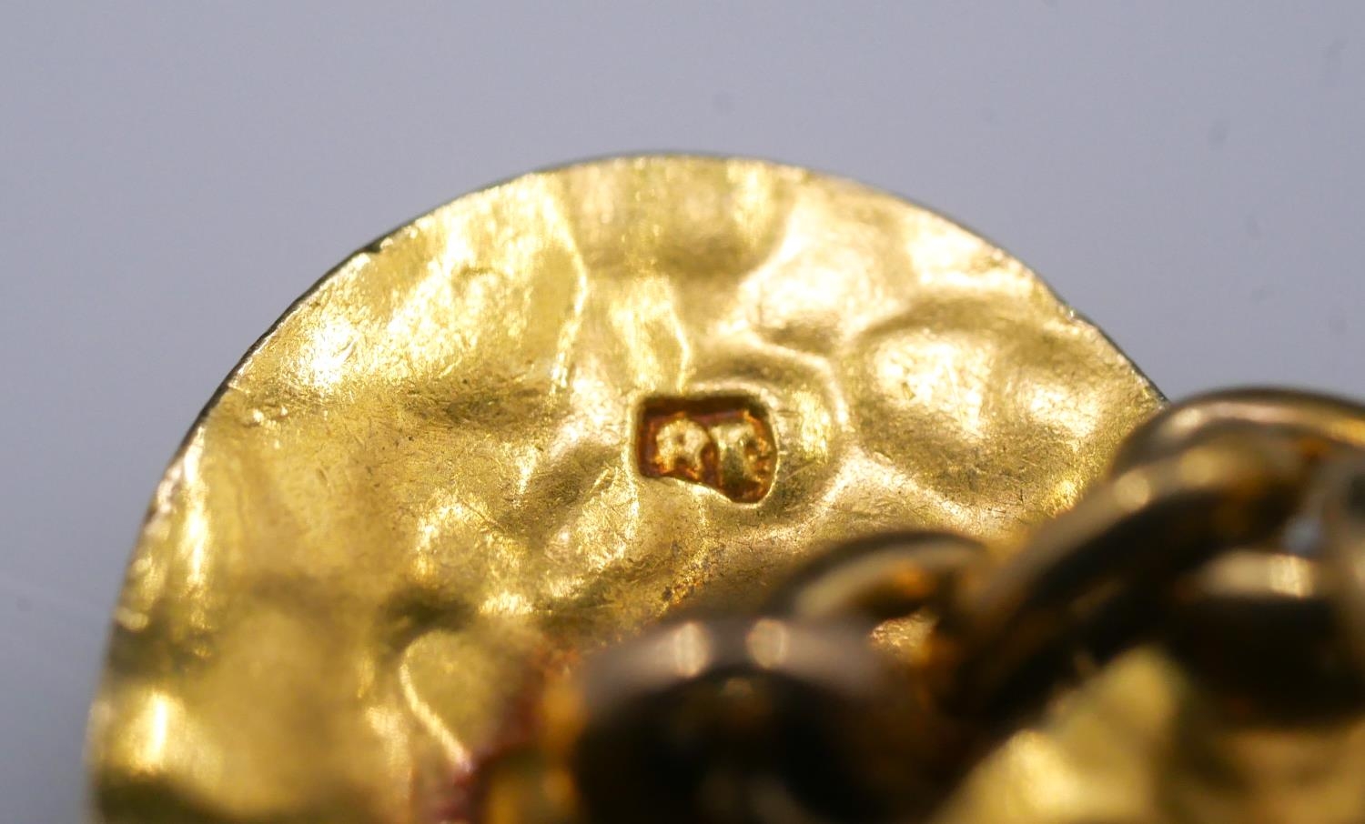 A pair of 18 carat yellow gold gemset textured cufflinks. One set with a cushion shape mixed cut - Image 2 of 8