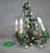 A vintage Italian tole flower five branch chandelier with painted ceramic roses. H.52cm