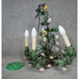 A vintage Italian tole flower five branch chandelier with painted ceramic roses. H.52cm