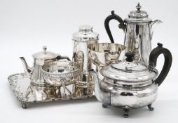 A collection of silver plated items. Including a pierced mint dish, a coffee pot, a chalice and