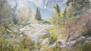A framed oil on canvas of a mountain river landscape. Indistinctly signed to the back. H.78 W.75