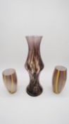 Three Art Glass vases with orange and purple coloured marbling to the clear glass with opaque