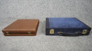 Two vintage cased gaming boards. One travelling chess set in brown leather effect case and a