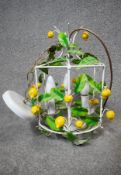 A vintage Italian toleware white painted lantern with ceramic lemons and leaves. H.41cm