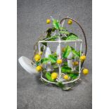 A vintage Italian toleware white painted lantern with ceramic lemons and leaves. H.41cm