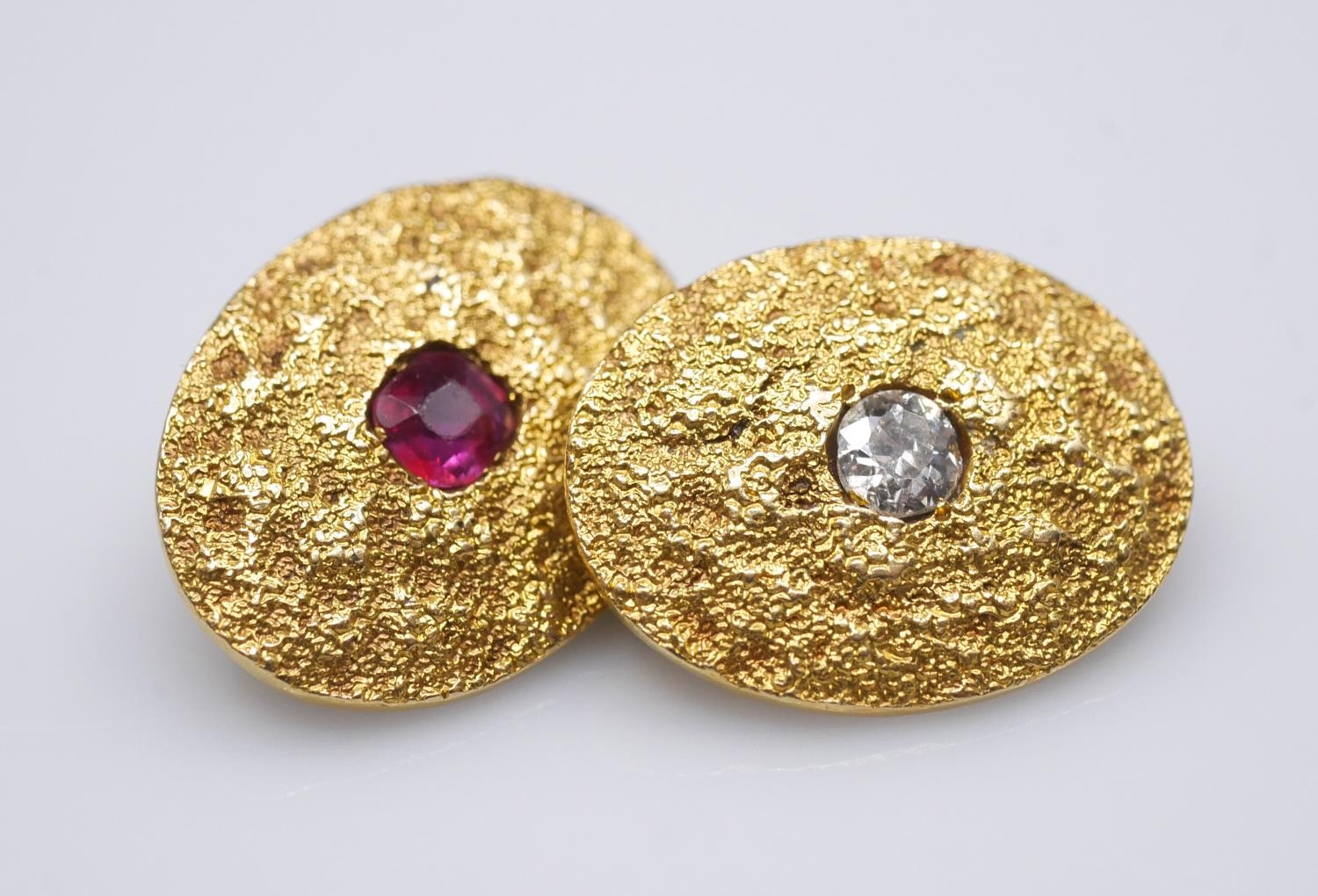 A pair of 18 carat yellow gold gemset textured cufflinks. One set with a cushion shape mixed cut - Image 6 of 8