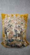 A fine Aubusson cushion with figures, foliage and birds. H.59 W.55 D.18