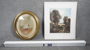 A gilt oval framed oleograph of a little girl on a chair and one unframed mezzotint of John