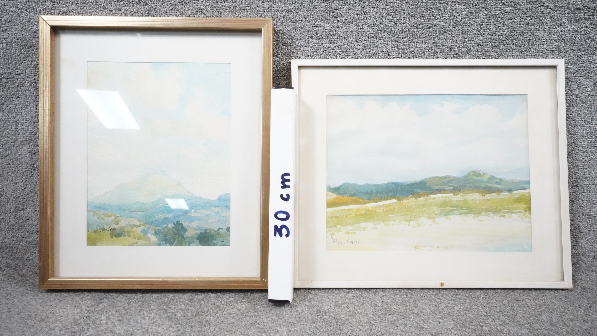 A framed and glazed watercolour, landscape with citadel in the distance, signed Van Oppen and a - Image 10 of 10