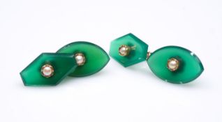 A pair of Victorian dyed green agate, seed pearl and rolled rose gold cufflinks. With chain link