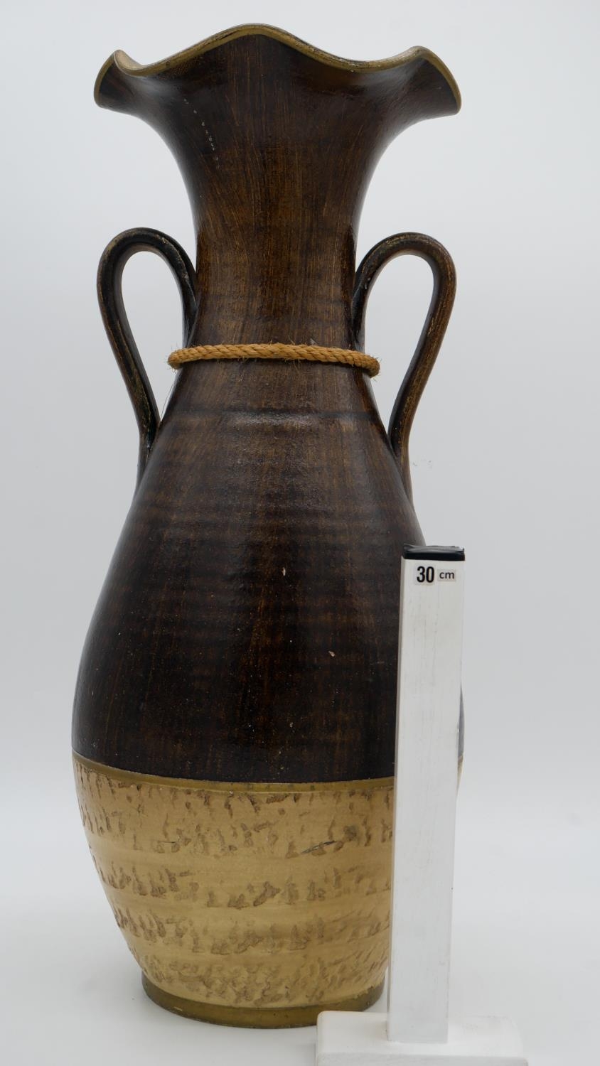 A large art pottery glazed vase with twin handles and fluted edge. H.60cm - Image 4 of 4