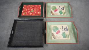 Four decorative twin handled trays, one with a folding butler's stand. L.56 W.64