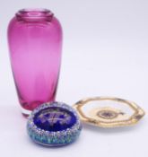 A signed cranberry Art Glass vase along with a cane work paperweight with Jewish commandments in the