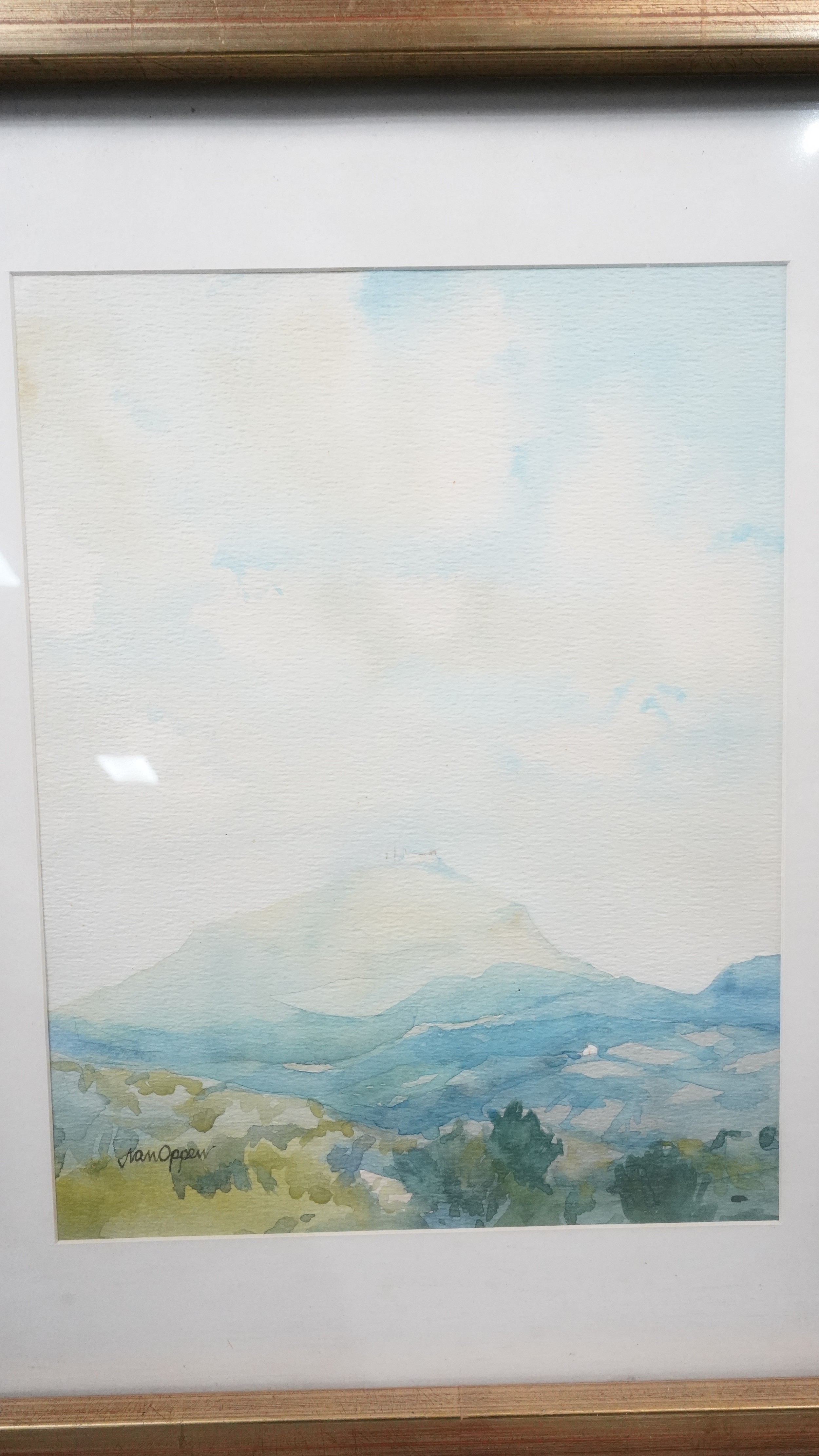 A framed and glazed watercolour, landscape with citadel in the distance, signed Van Oppen and a - Image 2 of 10