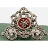 An antique white metal, marcasite and red guilloche enamel shagreen note/letter clip. The hinged