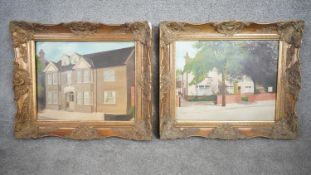 Two gilt framed oils on canvas of suburban houses. Unsigned. H.58 W.67