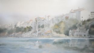 A framed and glazed watercolour, Port Mahon, signed Frank Cox with label to the reverse. H.53 W.66cm