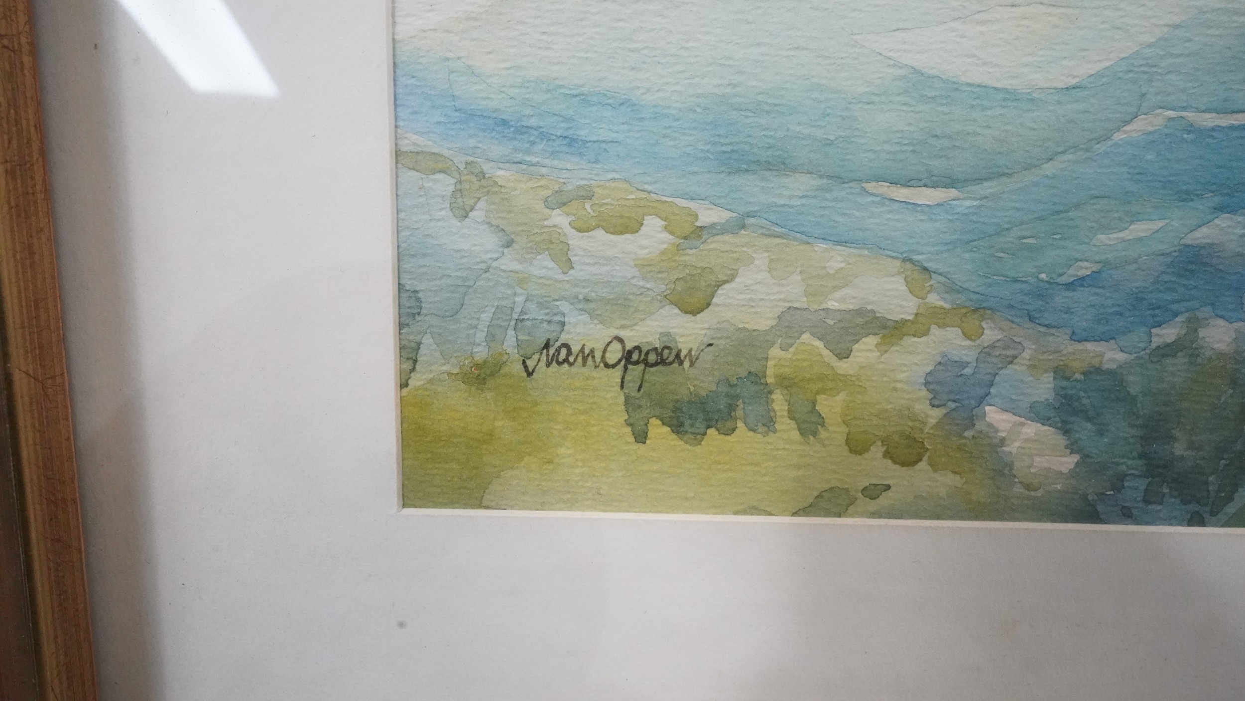 A framed and glazed watercolour, landscape with citadel in the distance, signed Van Oppen and a - Image 3 of 10