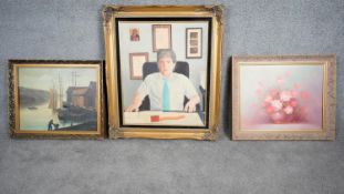 Three framed oils on canvas. Including a still life of a vase of flowers, signed Robert Cox, a